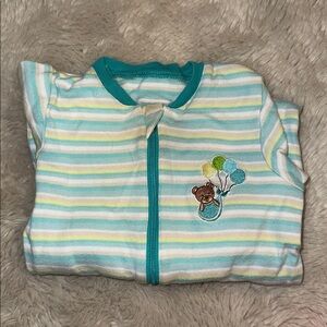 🍄6 M Tuffy, Striped Teal and White Kids One Piece with teddy bear and balloons